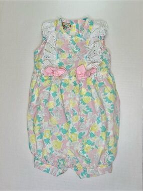 Vintage Baby Girl 4T Bubble Romper Pink Floral Bows Button 90s USA Made